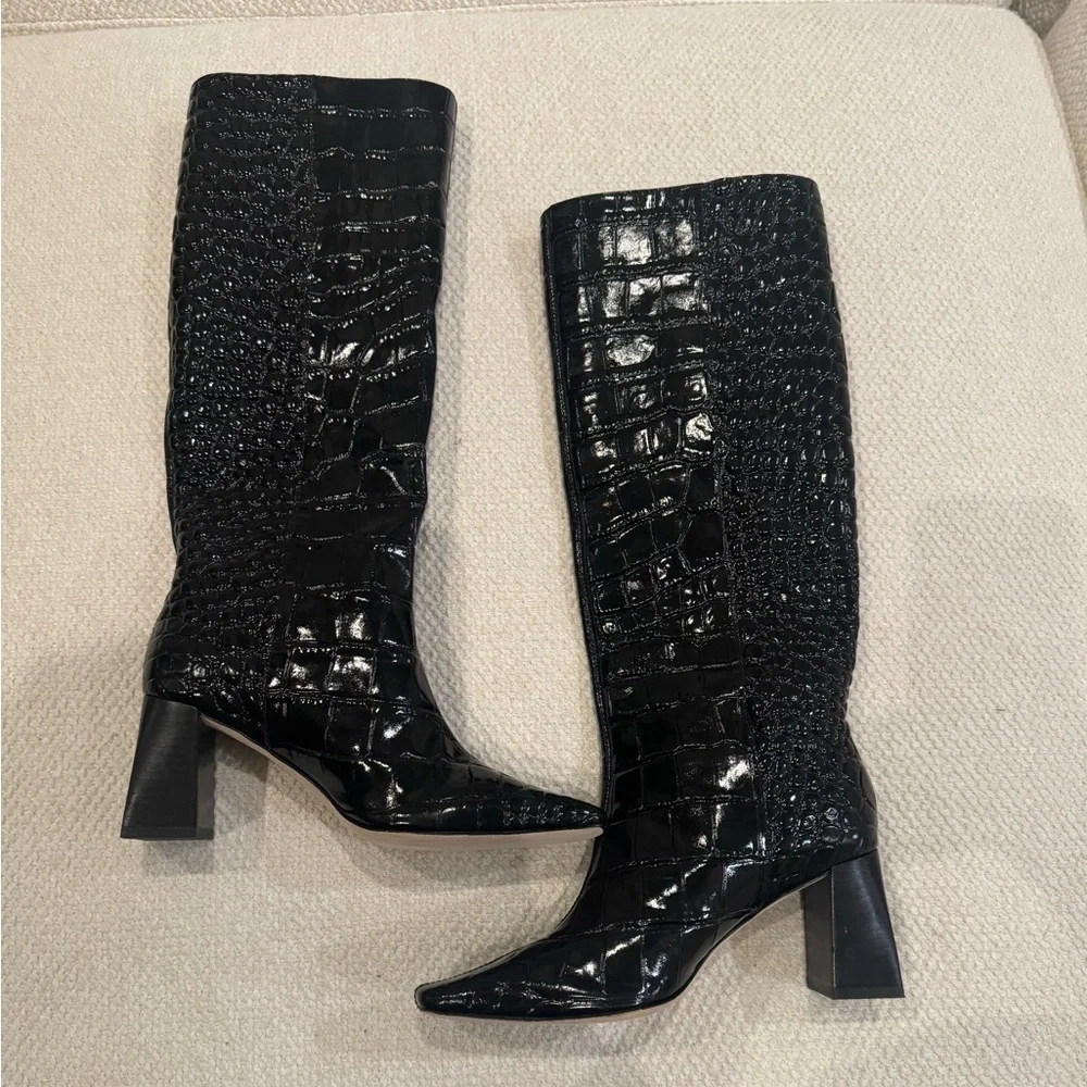 Brand New Reformation River Black Croc-Embossed Knee-High Boots